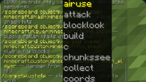 Chat suggestions for CarpetMod+ commands, including attack, blocklook, build, collect, and coords.